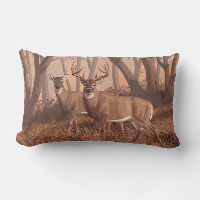 Whitetail Deer In Forest Retro Style Nature Lumbar Pillow (Front)