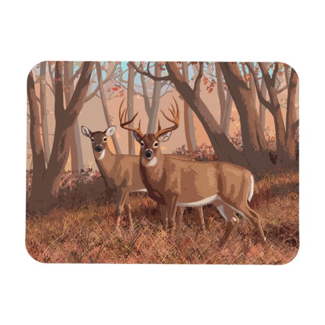 Whitetail Deer In Forest Retro Style Nature Magnet (Horizontal)