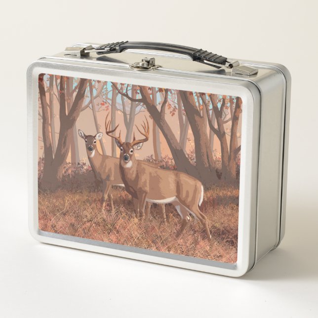 Whitetail Deer In Forest Retro Style Nature Metal Lunch Box (Front)