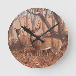 Whitetail Deer In Forest Retro Style Nature Round Clock