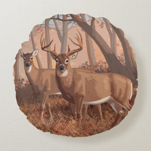 Whitetail Deer In Forest Retro Style Nature Round Pillow
