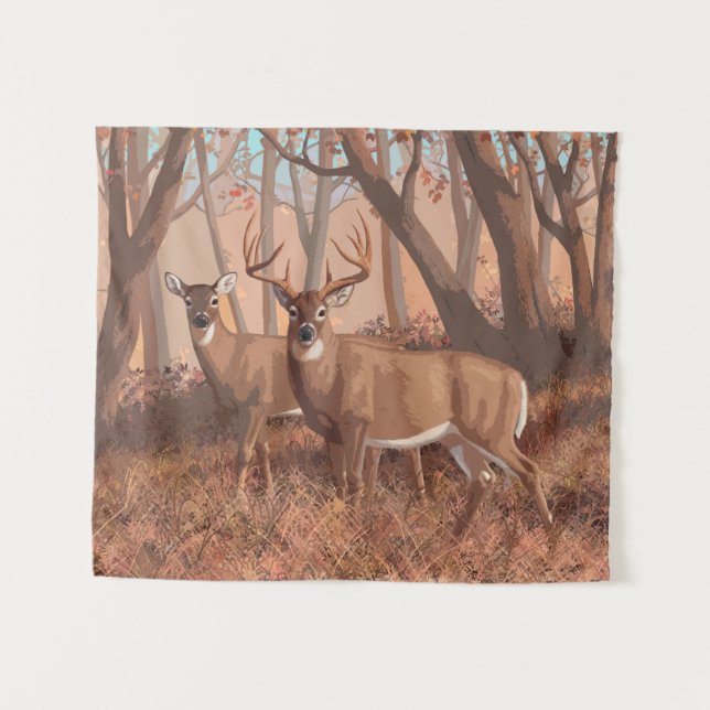 Whitetail Deer In Forest Retro Style Nature Tapestry (Front (Horizontal))