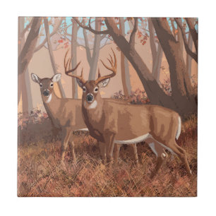 Whitetail Deer In Forest Retro Style Nature Tile