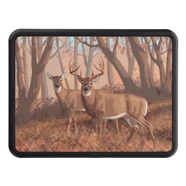 Whitetail Deer In Forest Retro Style Nature Trailer Hitch Cover (Front)