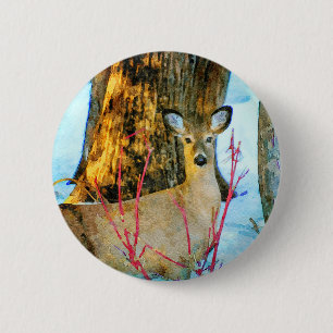 Whitetail Deer in Winter Snow Wildlife Watercolor 2 Inch Round Button