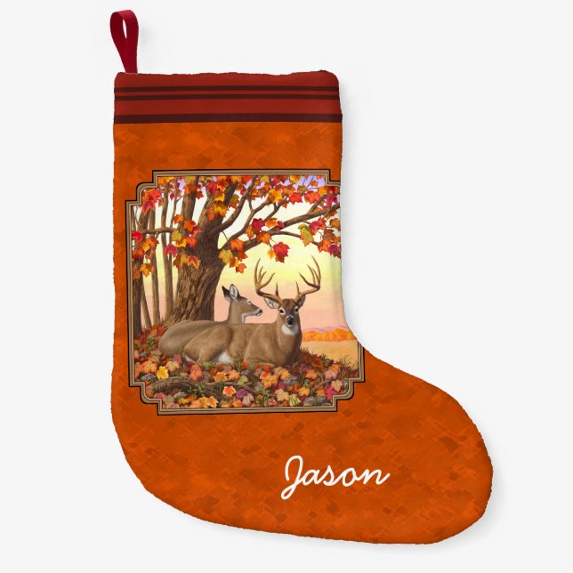 Whitetail Deer Maple Tree Autumn Orange Small Christmas Stocking (Front)