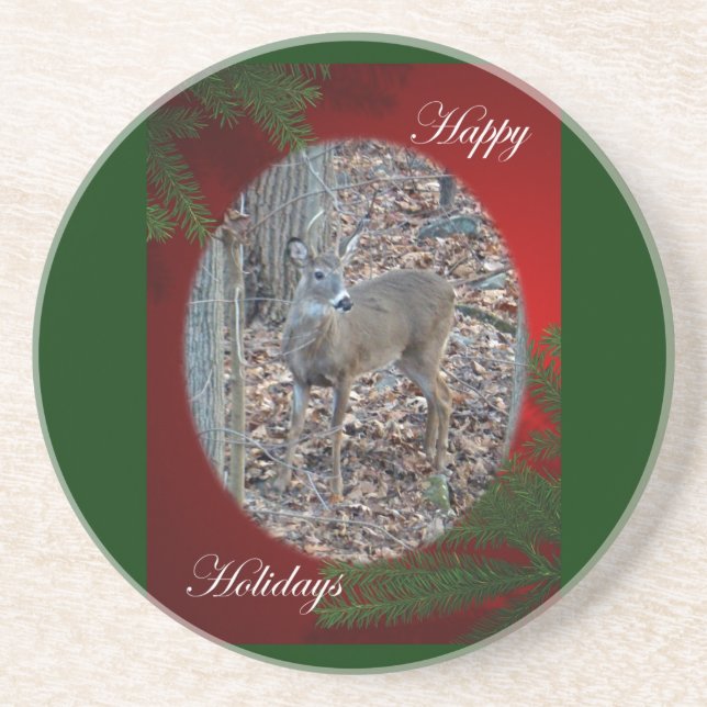 Whitetail Deer Spike Buck Happy Holidays Coaster (Front)