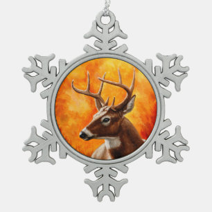 Whitetail Deer Trophy Buck Head Snowflake Pewter Christmas Ornament