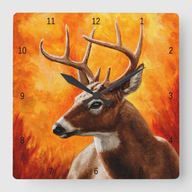 Whitetail Deer Trophy Buck Head Square Wall Clock (Front)