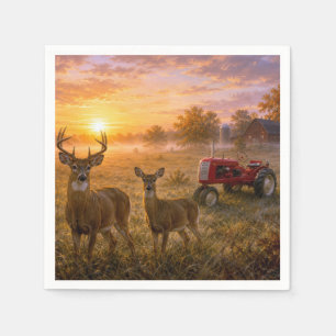 Whitetail Deer with Vintage Red Farm Tractor Napkin