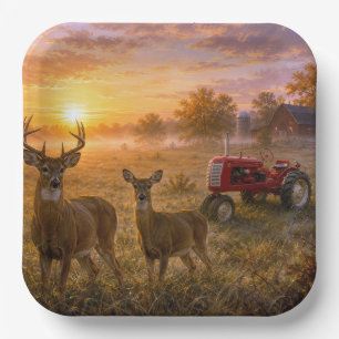 Whitetail Deer with Vintage Red Farm Tractor Paper Plate