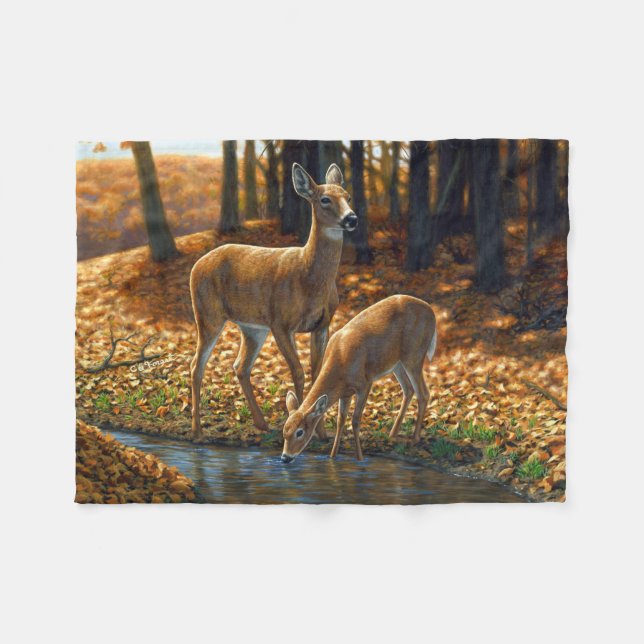 Whitetail Doe and Fawn Drinking from a Stream Fleece Blanket (Front (Horizontal))