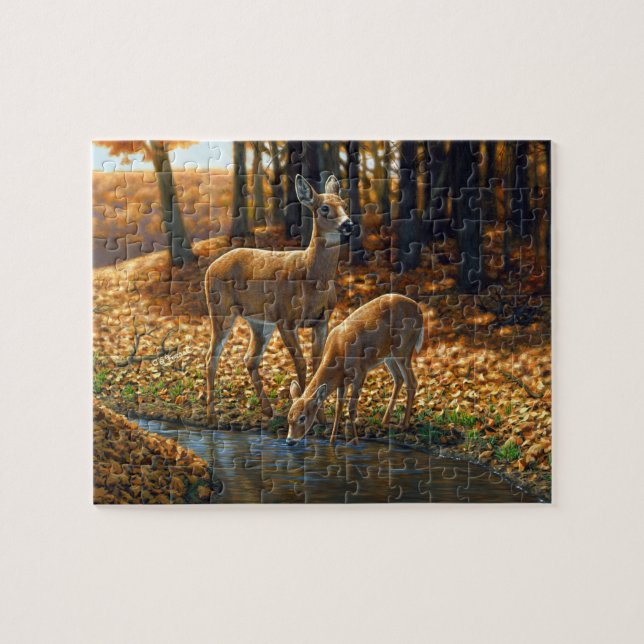 Whitetail Doe and Fawn Drinking from a Stream Jigsaw Puzzle (Horizontal)