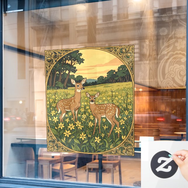 Whitetail Doe and Fawn With Yellow Flowers Window Cling (Cafe Window)