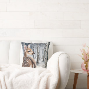 Whitetail Fawn In Winter Forest Throw Pillow