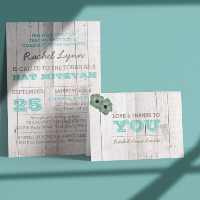 Whitewash Teal Bat Mitzvah Thank You Note Card (Creator Uploaded)