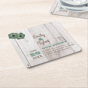 Whitewash Teal Rustic Personalized Square Paper Coaster