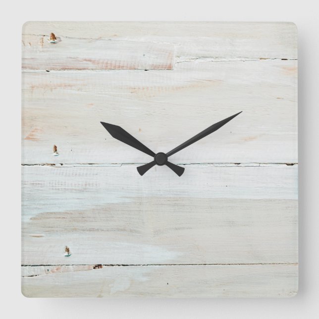Whitewashed Barn Wood White Woodgrain Square Wall Clock (Front)