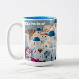 Whitewashed Blue-domed Greek Island of Santorini Two-Tone Coffee Mug