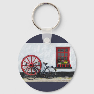Whitewashed Donegal viilage pub with bicycle Keychain