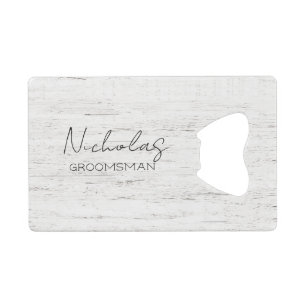 Whitewashed Wood Personalized Bridal Party Credit Card Bottle Opener