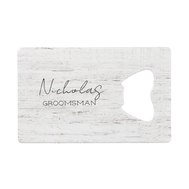 Whitewashed Wood Personalized Bridal Party Credit Card Bottle Opener (Front (Horizontal))
