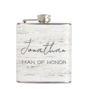 Whitewashed Wood Personalized Man of Honour Hip Flask