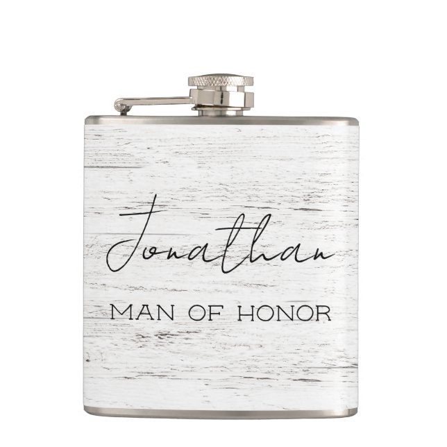 Whitewashed Wood Personalized Man of Honour  Hip Flask (Front)