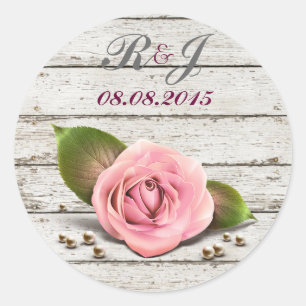 whitewashed wood pink rose french country wedding classic round sticker