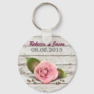 whitewashed wood pink rose french country wedding keychain