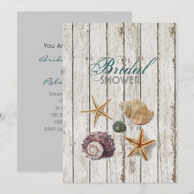 Whitewashed  wood seashells beach bridal shower invitation (Front/Back)