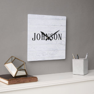 whitewashed wood with family name square wall clock
