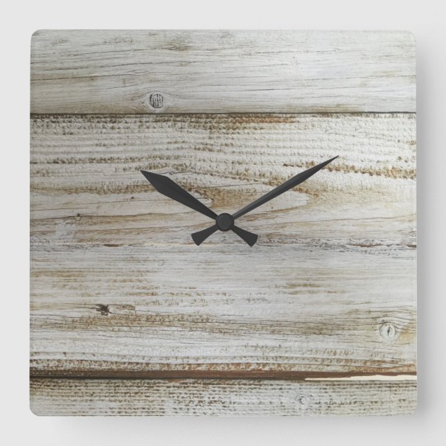 Whitewashed wooden board square wall clock (Front)