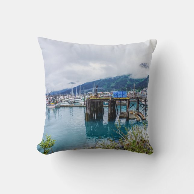 Whittier Alaska Harbour Throw Pillow (Front)