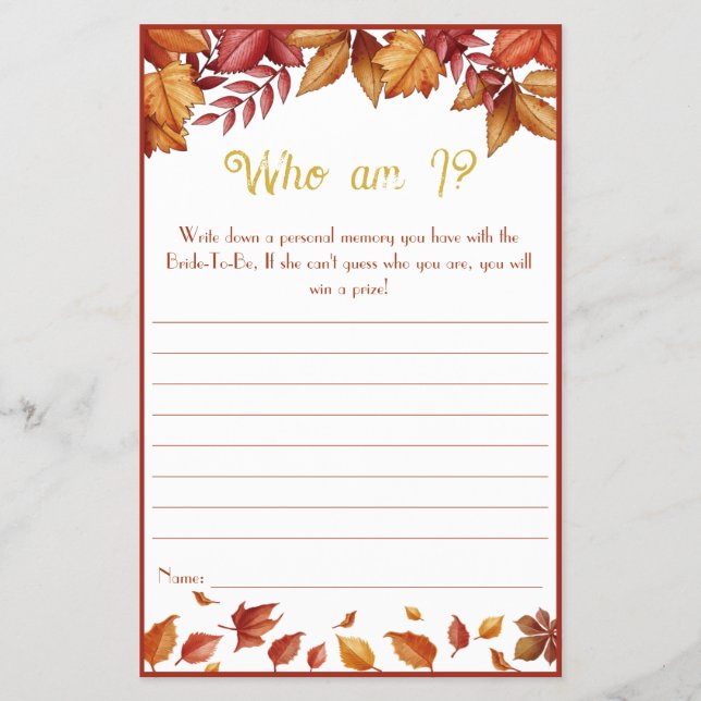 Who Am I? Autumn Bridal Shower Game Flyer (Front)