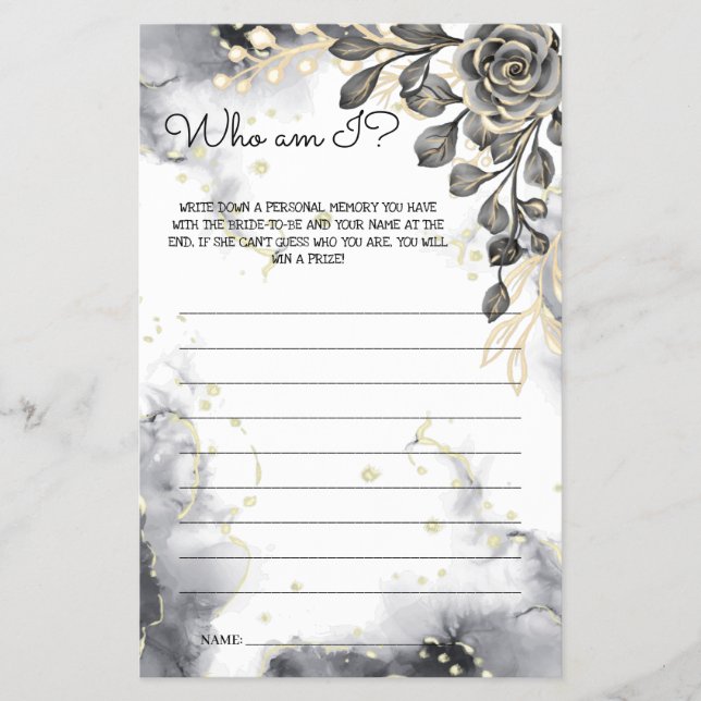 Who am I Black Roses Bridal Shower Game Card (Front)