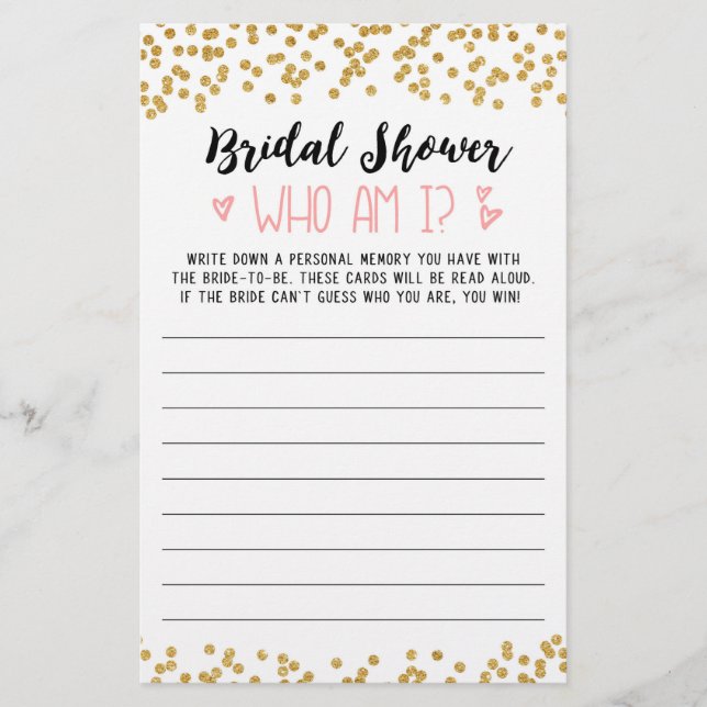 Who am I Bridal Shower or Hen Party game (Front)