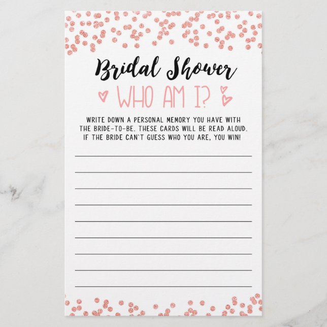 Who am I Bridal Shower or Hen Party game (Front)