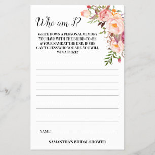 Who am I? Bridal Shower Pink Flowers Game Card