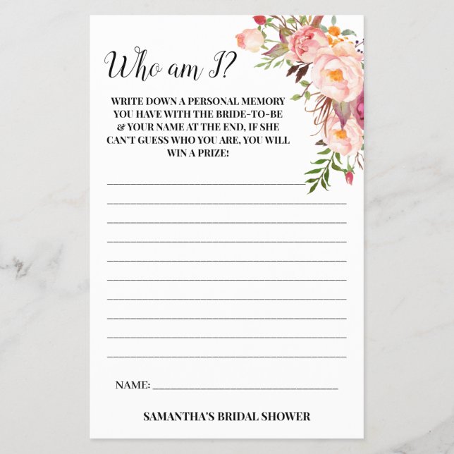 Who am I? Bridal Shower Pink Flowers Game Card (Front)