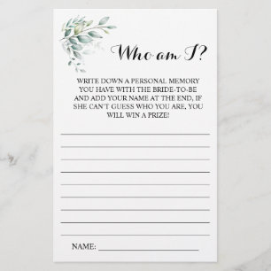 Who am I?  Eucalyptus Bridal Shower Game Card