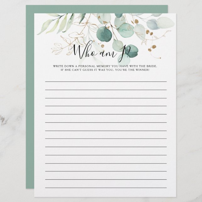 Who Am I Gold Floral Bridal Shower Game (Front/Back)