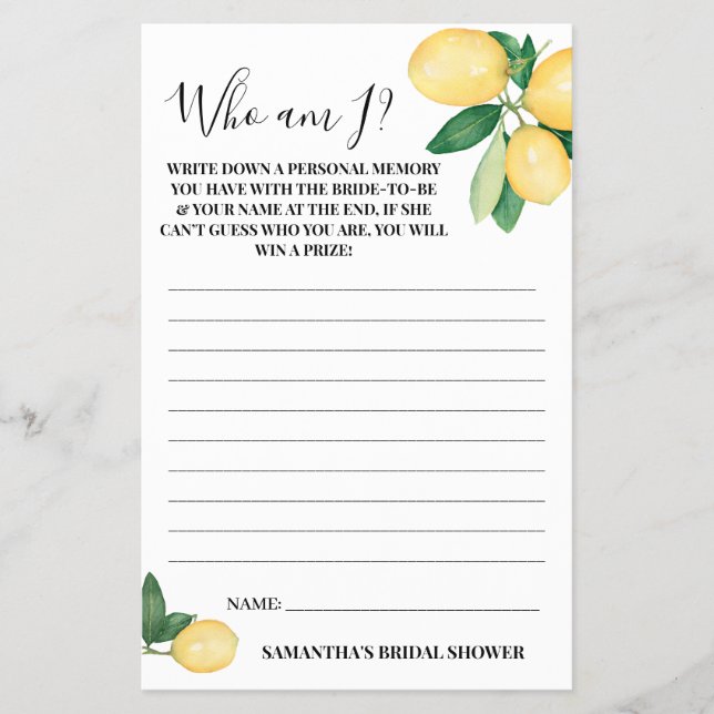 Who am I? Lemon Bridal Shower Game Card (Front)