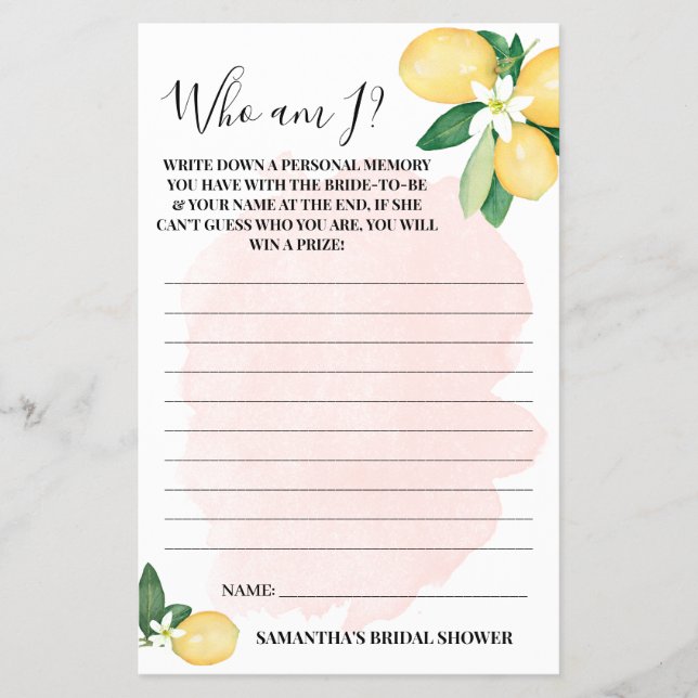Who am I? Lemon Pink Bridal Shower Game Card (Front)