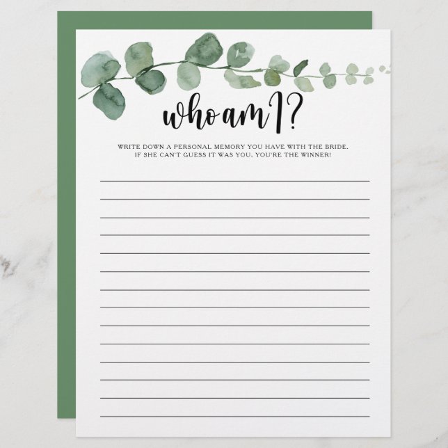 Who Am I Minimalist Eucalyptus Bridal Shower Game (Front/Back)