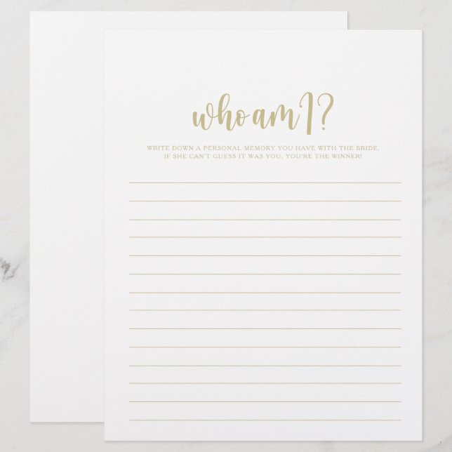 Who Am I Minimalist Gold Bridal Shower Game (Front/Back)