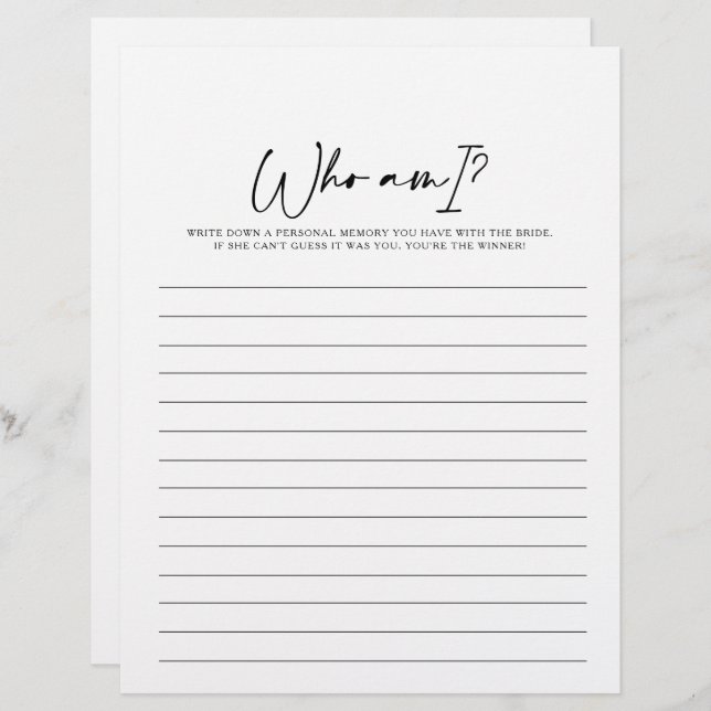 Who Am I Modern Bridal Shower Game (Front/Back)