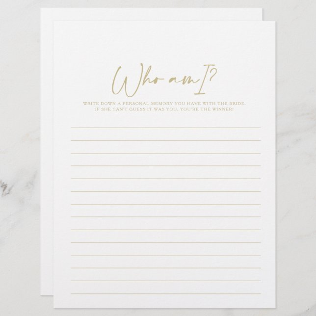 Who Am I Modern Gold Bridal Shower Game (Front/Back)