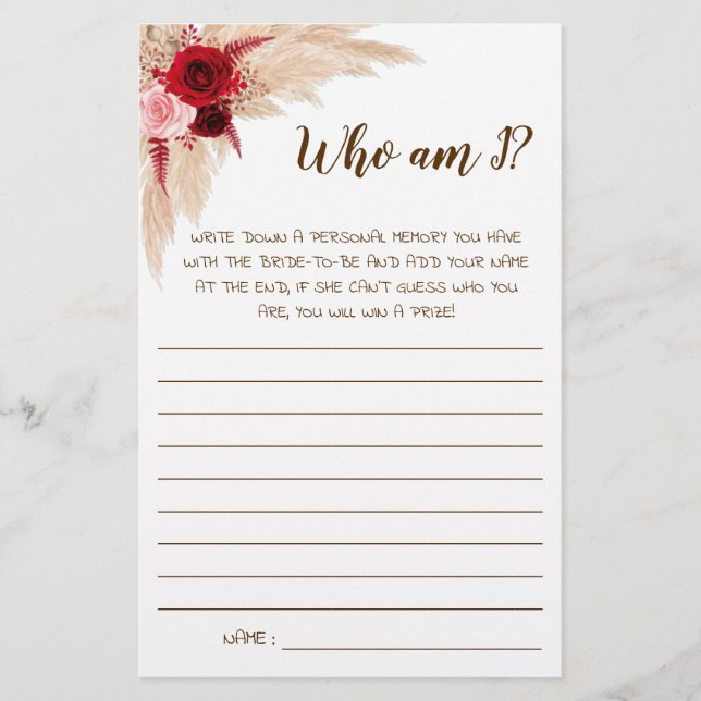 Who am I? Pampas Bridal Shower Game Card (Front)