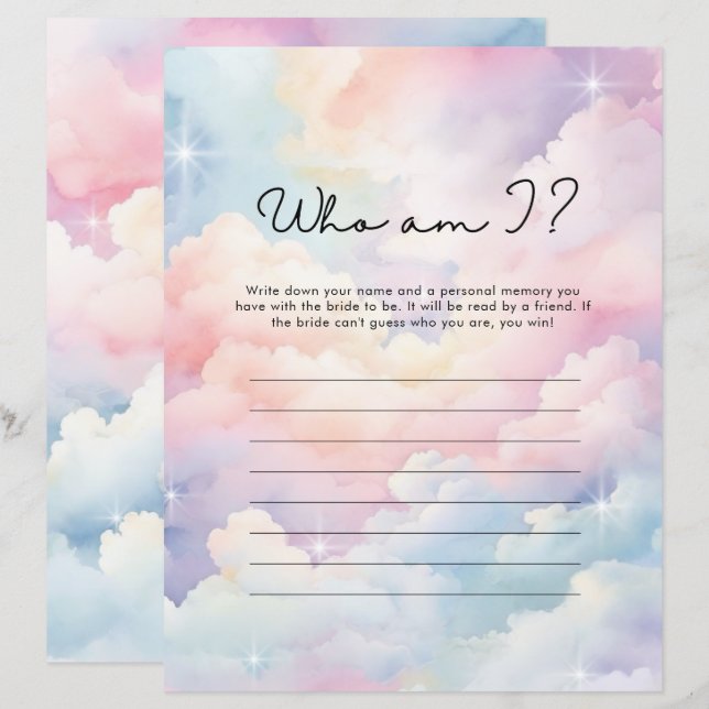 Who Am I Pastel Cloud Nine Bridal Shower Game (Front/Back)